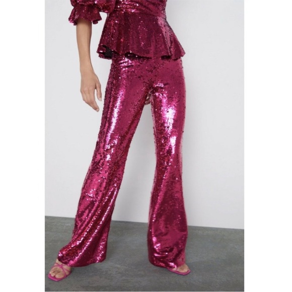 NWT Zara fuchsia sequin flare pants - Picture 4 of 9